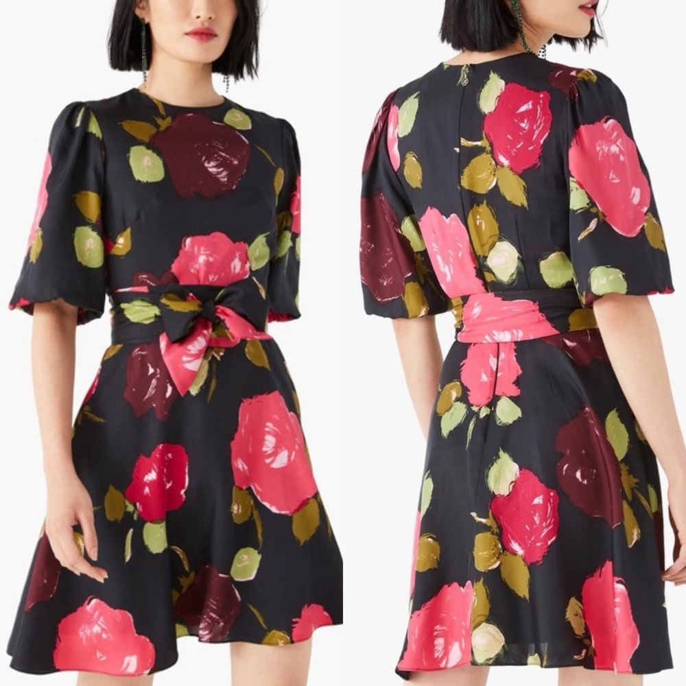 Kate Spade Black Floral Mini Dress with Pink and Green
